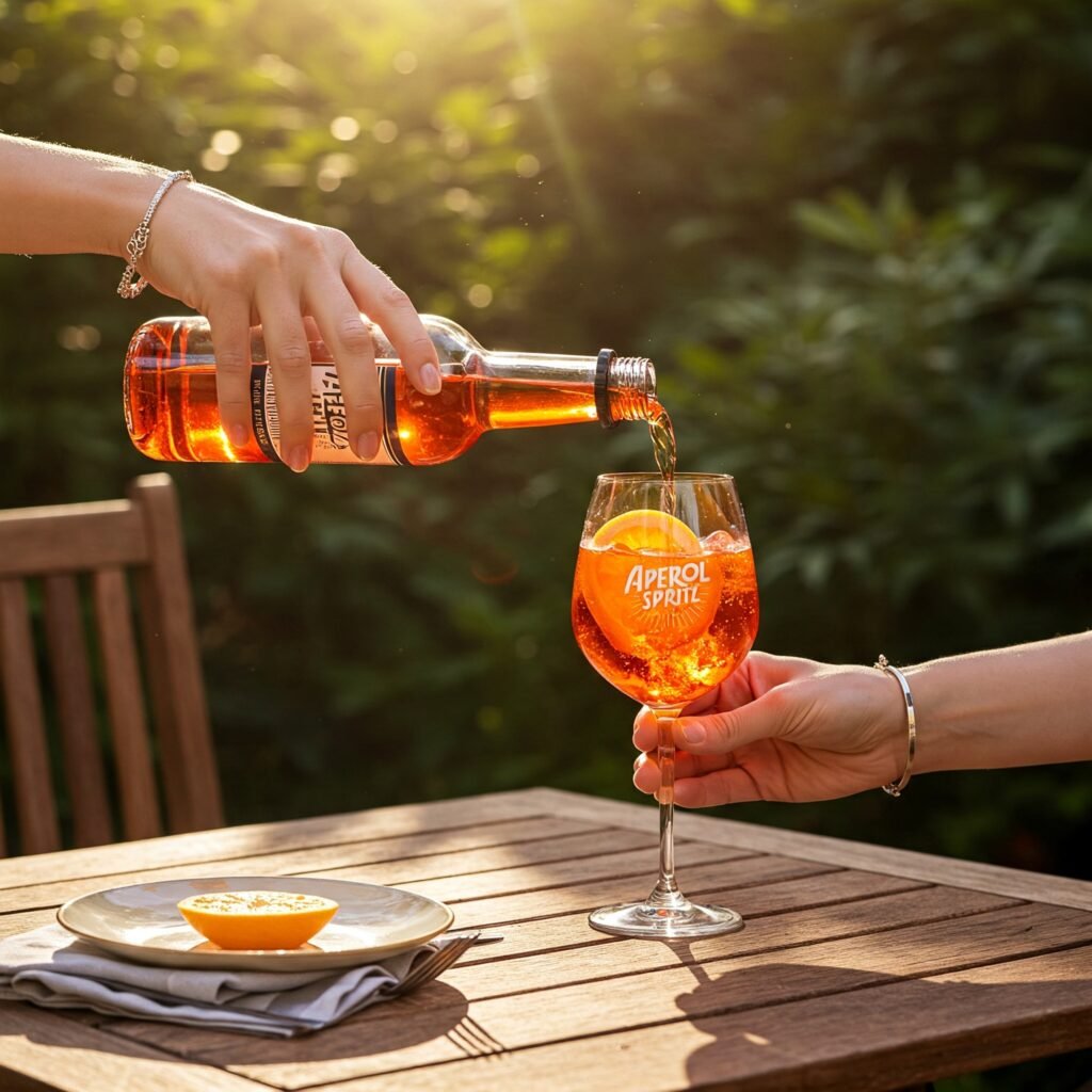 Aperol spritz cocktail being poured outside on a. bright sunny day