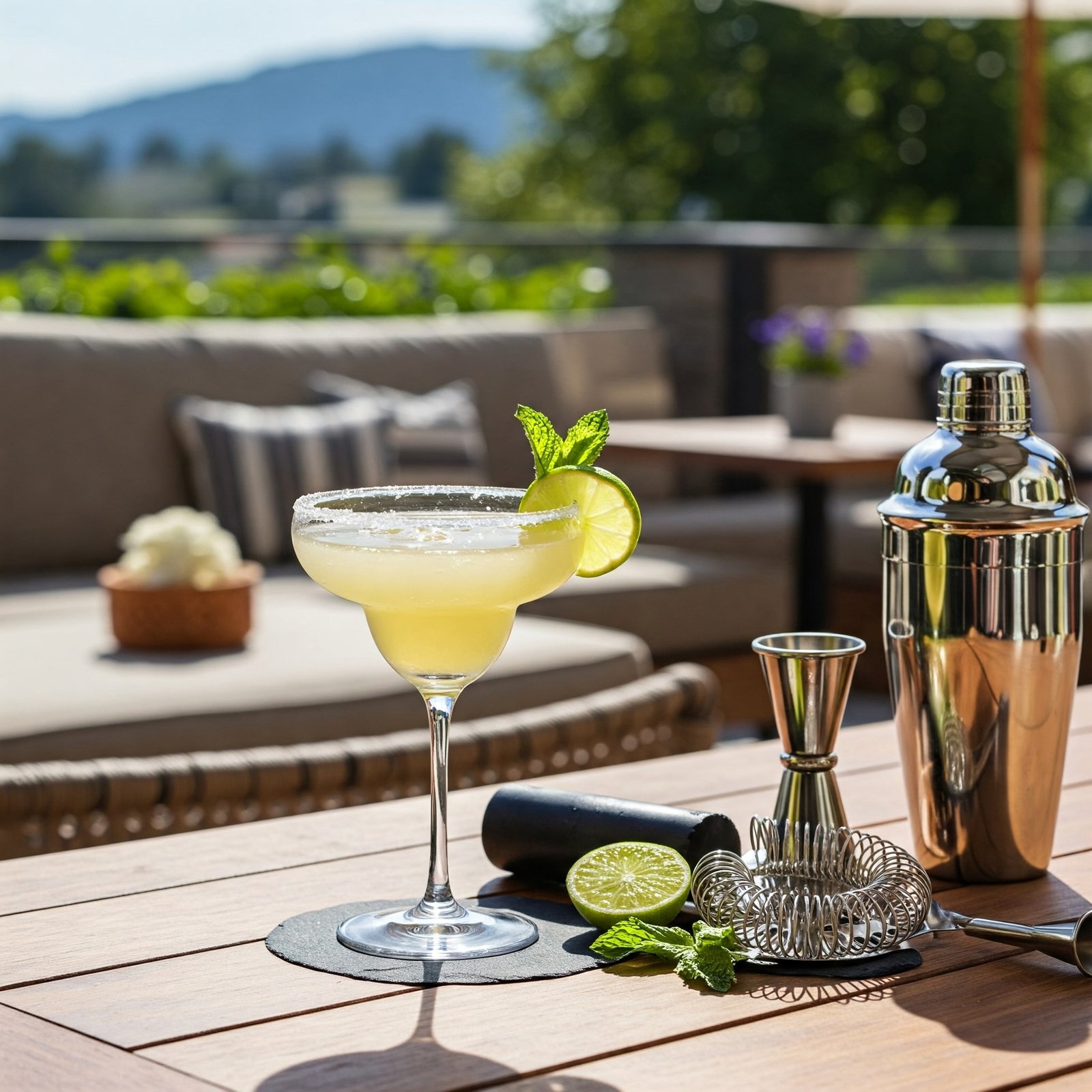 Margarita cocktail professionally made outdoors on bright sunny day