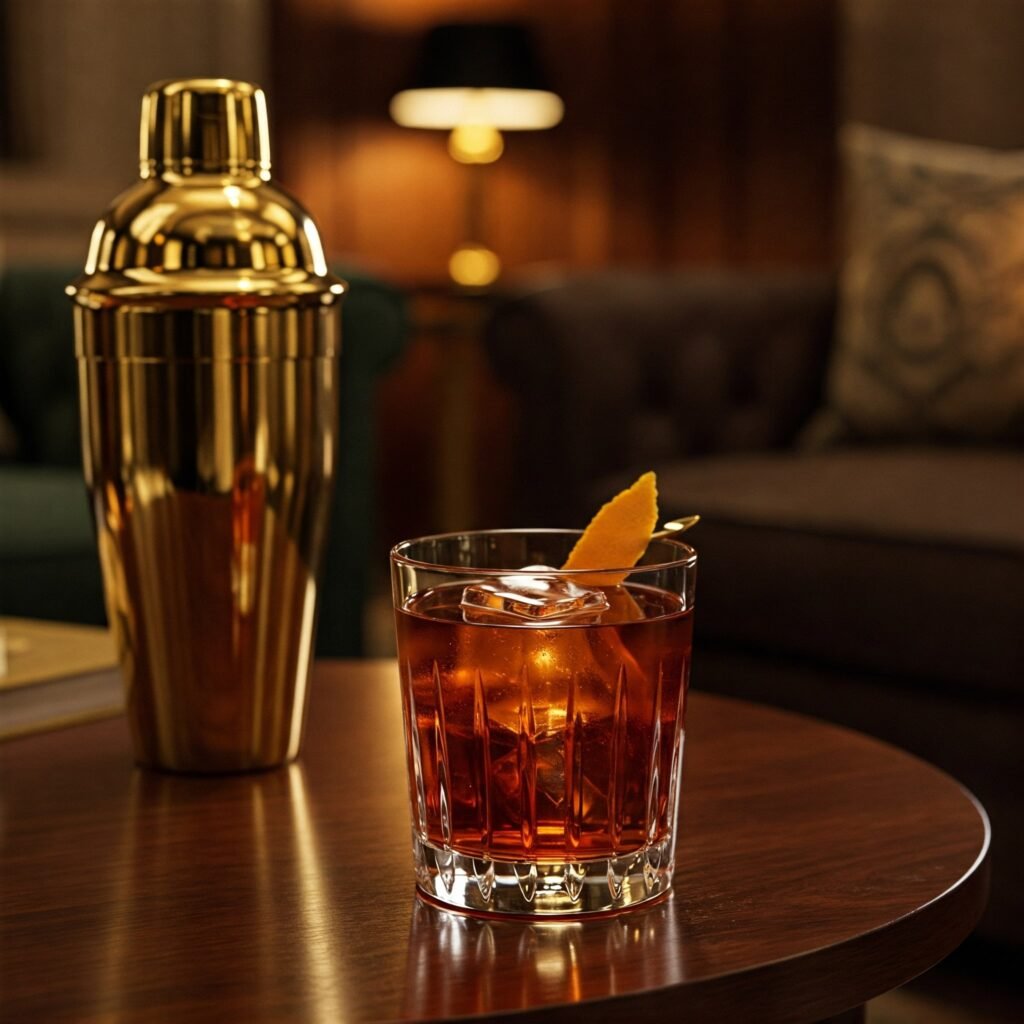 Negroni cocktail with gold cocktail shaker