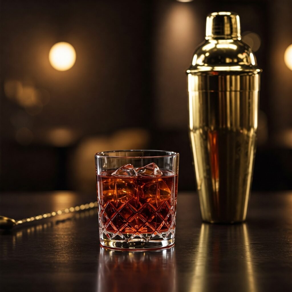 Negroni cocktail with cocktail shaker